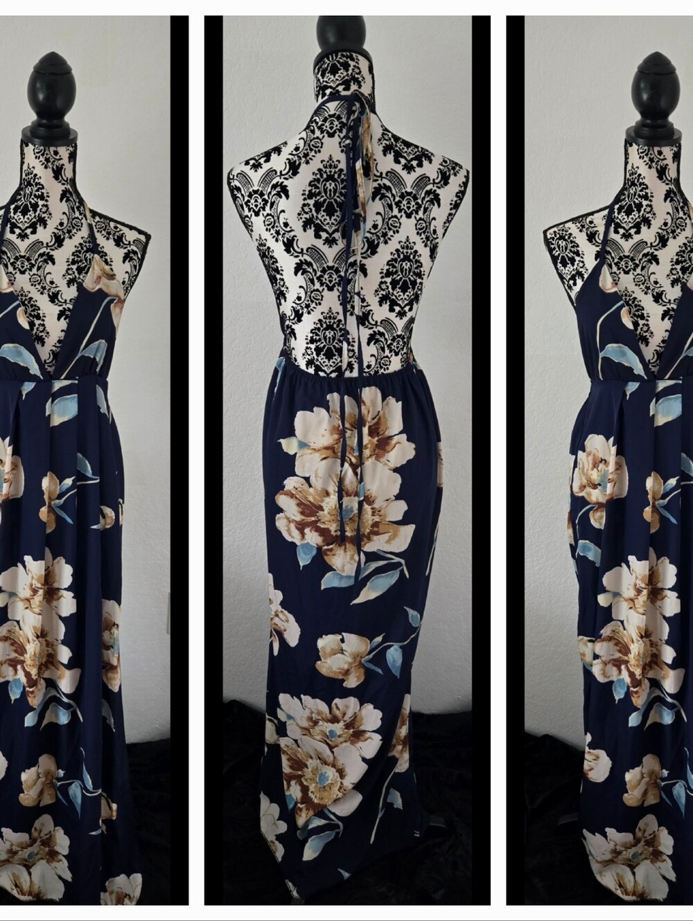 Backless Navy Floral Maxi Dress with Soft Cream Blooms